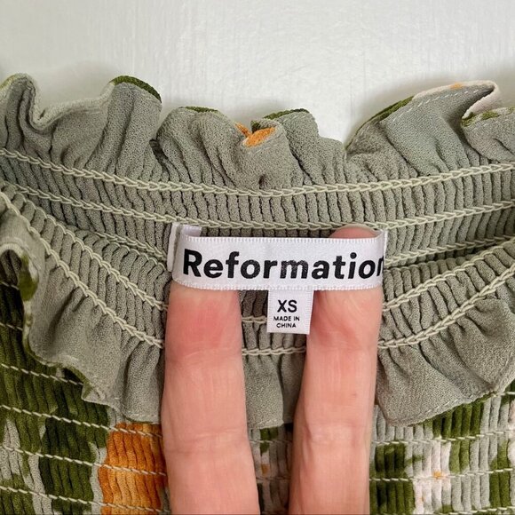 Reformation Inka Midi Smocked Dress in Orange Grove | Size XS - Picture 7 of 9